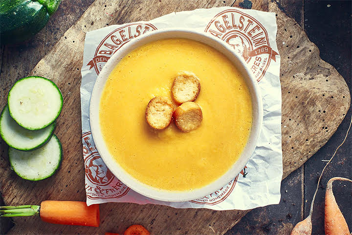 Sweet Potato Yellow Carrot Curry Croutons Soup - Bagelstein