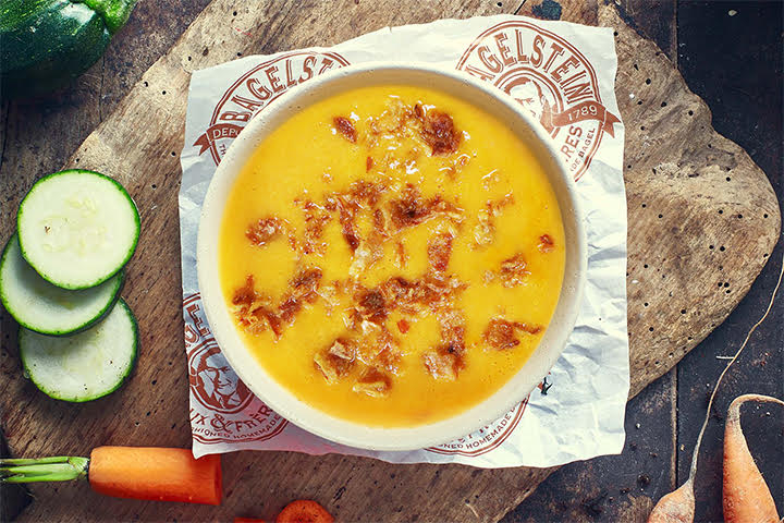 Carrot Cheddar Fried Onion Soup - Bagelstein