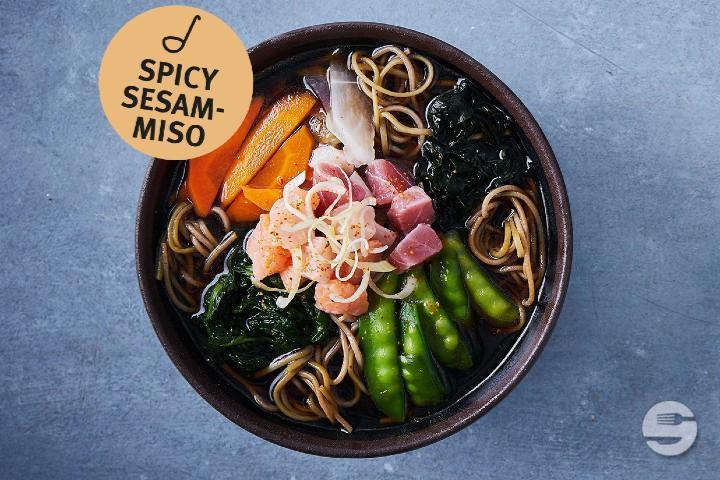 Fish Spicy Miso Sesame with soba Noodles - Yooji's Winterthur