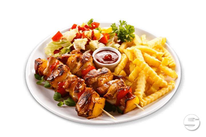 Plate Chicken Skewers, fries & salad - Royal Food