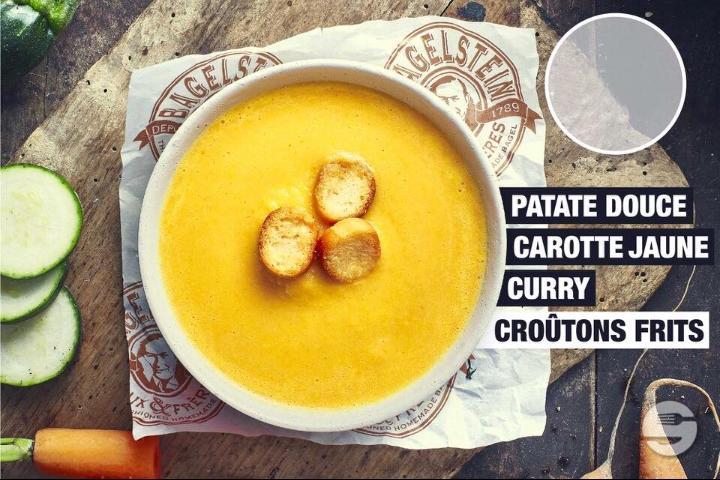 Sweet Potato Yellow Carrot Curry Croutons Soup - Bagelstein