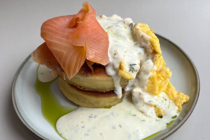 Scrambled Eggs and Salmon Pancakes - L'impression Café