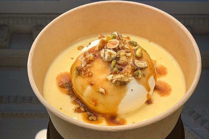 Snow Egg with Fleur de Sel Caramel, Nougatine Chips - Le Lyrique