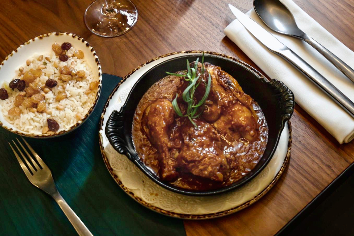 Grilled Chicken Supreme with Red Curry, Onions and Candied Pepper, Pillaw Rice - Monsieur Bouillon