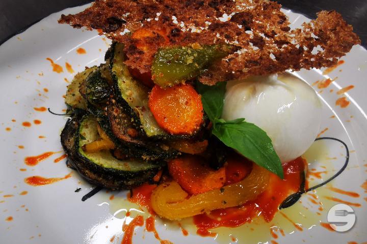 Vegetable Millefeuille on Campania Yellow Tomatoes and Burrata - Gusto
