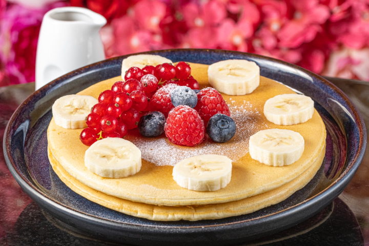Pancakes Fruit & Maple Syrup - White Rabbit Brunch & Co