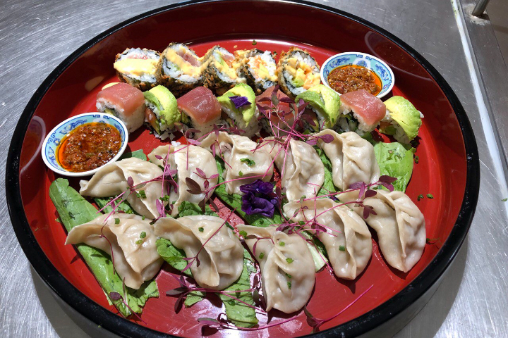 Tuna Rainbow, deep fried futomaki with salmon avocado and 10 pieces momo - Hum Kitchen