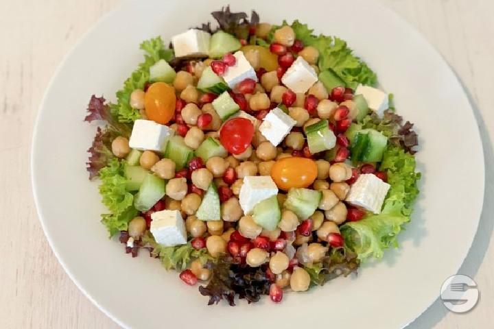 Chickpea and cucumber salad, cherry tomatoes, pomegranate, feta & balsamic dressing - Summer Pop-Up Healthy-Food-Atelier