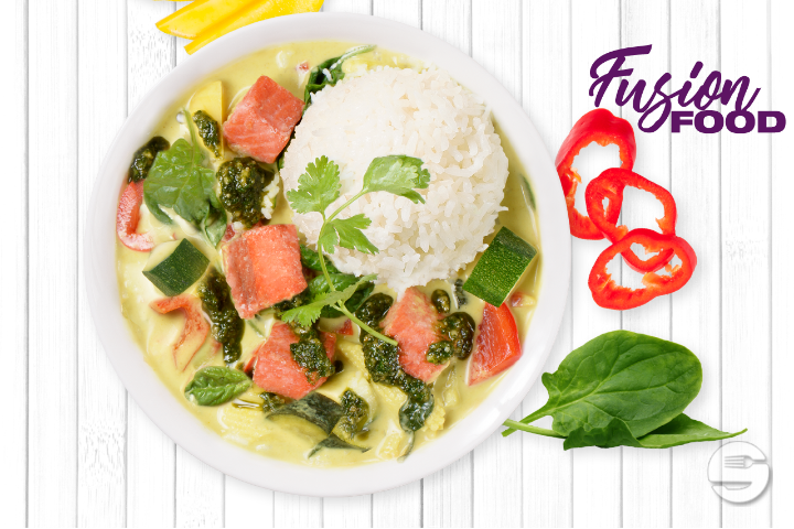 Gebackenes Lachsfilet auf grünem Curry mit Zucchetti und Mango - My Thai